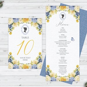 Bundle of 2 Menu, Table Number, Grey Blue, Yellow Flowers with Pearls, Butterfly, Bridgerton Style Cameo, CORJL EDITABLE DIGITAL Template