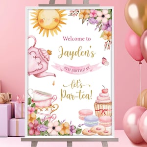 Pink Tea Party Welcome Sign: Girls Birthday Decor (CORJL Editable Digital Template)