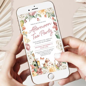 Afternoon Tea Party Mobile Invitation with Florals, Champagne & Teapot, Corjl Template