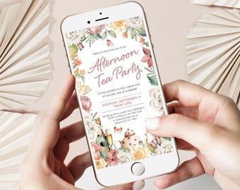 Invitación móvil para merienda, diseño floral, champán, tetera y mariposas, plantilla digital editable de CORJL.