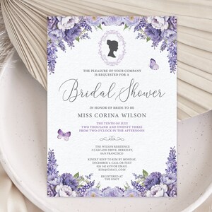 5 x 7 Bridal Shower Invitation with Lavender Colored Flowers, Bridgerton Cameo, Butterflies, Corjl EDITABLE DIGITAL DOWNLOAD