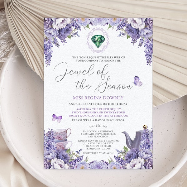 5 x 7 Jewel of the Season Bridgerton Invitation with Emerald Cameo, Lilac Purple Flowers, Teapot, Teacups, Corjl Editable Digital Download