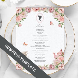 8.5 x 11 Menu with Blush Pink Flowers, Bridgerton Cameo and Business Logo on Back, Corjl Editable Digital Download