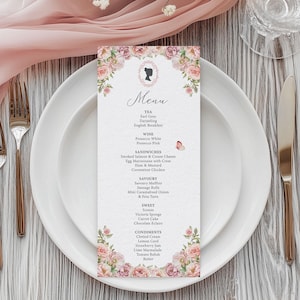 Blush Pink Tea Menu, Regency Cameo, Butterfly, Pattern Back, 4x9 Editable Corjl Template
