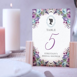 4 x 6 Table Number Cards with Blue, Lilac Flowers and Bridgerton Cameo, 1 -10, Corjl Editable Digital Download