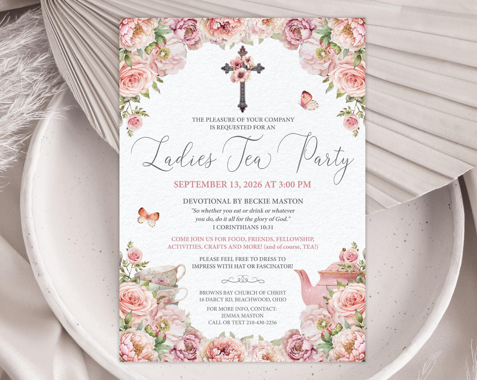 Church Ladies Tea Party Invite: Blush Pink, Christian Cross, Scripture ...