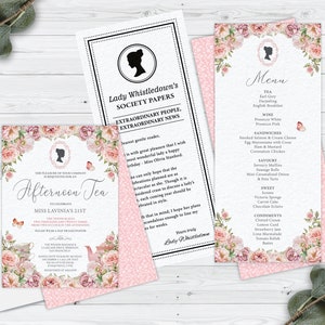 Bundle of 3 Afternoon Tea Blush Pink Products with Bridgerton Cameo, Whistledown 4 x 9 Announcement, CORJL EDITABLE DIGITAL Template
