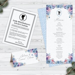 Bundle of 3 Bridgerton Blue Pink Purple, Menu, Whistledown Birthday Announcement & Food/ Place Name Card, Corjl Editable DIGITAL DOWNLOAD