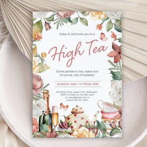 Floral Border High Tea Party Invitation: Champagne, Teapot, Butterflies, CORJL Editable Digital Template