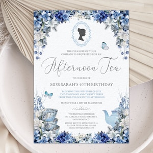 5 x 7 Bridgerton Afternoon Tea Birthday Invite, Blue White Flowers with Cameo, Butterflies, Teapot,  Teacup, Corjl EDITABLE DIGITAL DOWNLOAD