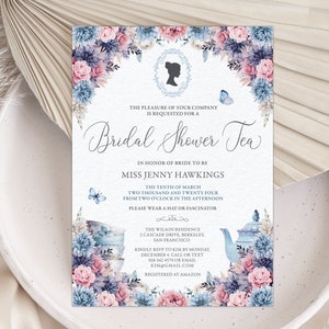 5 x 7 Bridal Shower Tea Invitation with Pink & Blue Flowers, Bridgerton Style Cameo, Teapot, Butterflies, CORJL EDITABLE DIGITAL Template