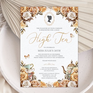 Gold Brown Rose Flower High Tea Invitation, 5 x 7, Bridgerton Style Cameo, Butterflies, Teapot Tea Cups, Corjl EDITABLE DIGITAL DOWNLOAD