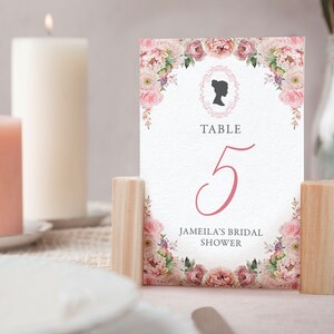 4 x 6 Table Number Cards with Blush Pink Flowers and Bridgerton Cameo, 1 -10, Corjl Editable Digital Download