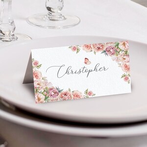 Place Name / Food Label Tent Card, Blush Pink Flowers, Butterfly, 3.5x2 Corjl Editable Template