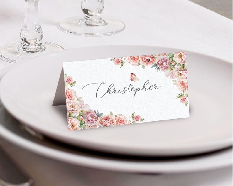 Place Name / Food Label Tent Card, Blush Pink Flowers, Butterfly, 3.5x2 Corjl Editable Template