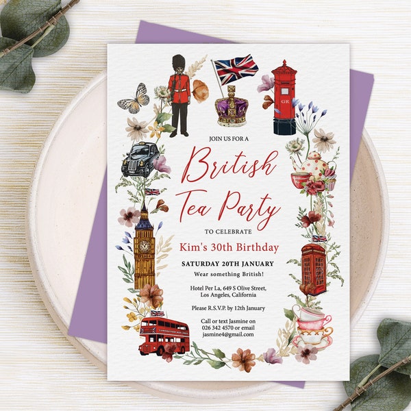 5 x 7 British Tea Party Invite, London Icons, Big Ben, Double Decker Bus, Phone Box, Black Taxi, Butterfly, Corjl Editable Digital Download