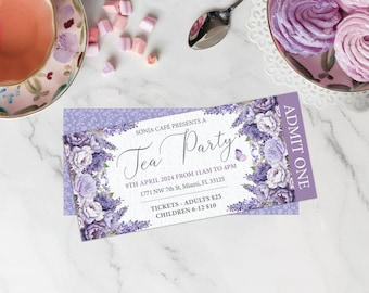 Lavender Floral Tea Party Ticket, Lavender Wisteria Flowers, Admit One, 5x2.5 Corjl Editable Template