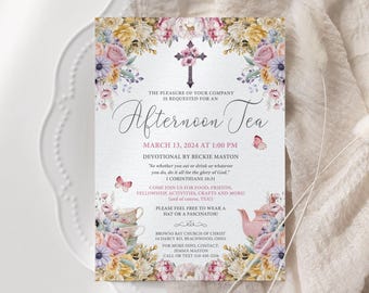 Pastel Floral Church Tea Party Invitation: Devotional Event (5x7, Editable CORJL Template)