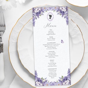 4 x 9 Bridgerton Tea Party Menu with Lavender Colored Flowers, Bridgerton Style Cameo with Butterfly, CORJL EDITABLE DIGITAL Template