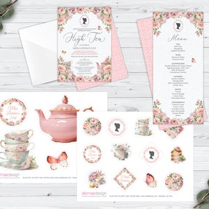 Bundle of 3 Bridgerton High Tea Blush Pink Products with Cameo, Invite, Menu, Cake Toppers, 16 x 20 Sign, Corjl EDITABLE DIGITAL DOWNLOAD