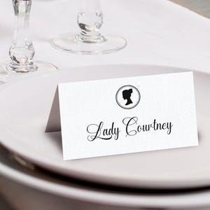 Whistledown Inspired Place Name Tent Card, Cameo, B&W, 3.5x2 Corjl Editable Template