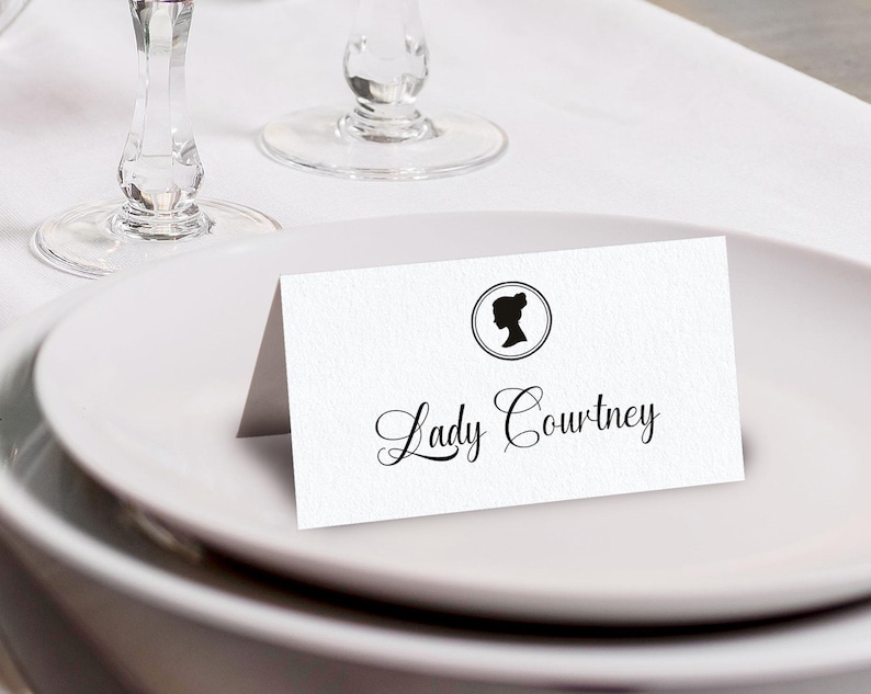 Whistledown Inspired Place Name Tent Card, Cameo, B&W, 3.5x2 Corjl Editable Template