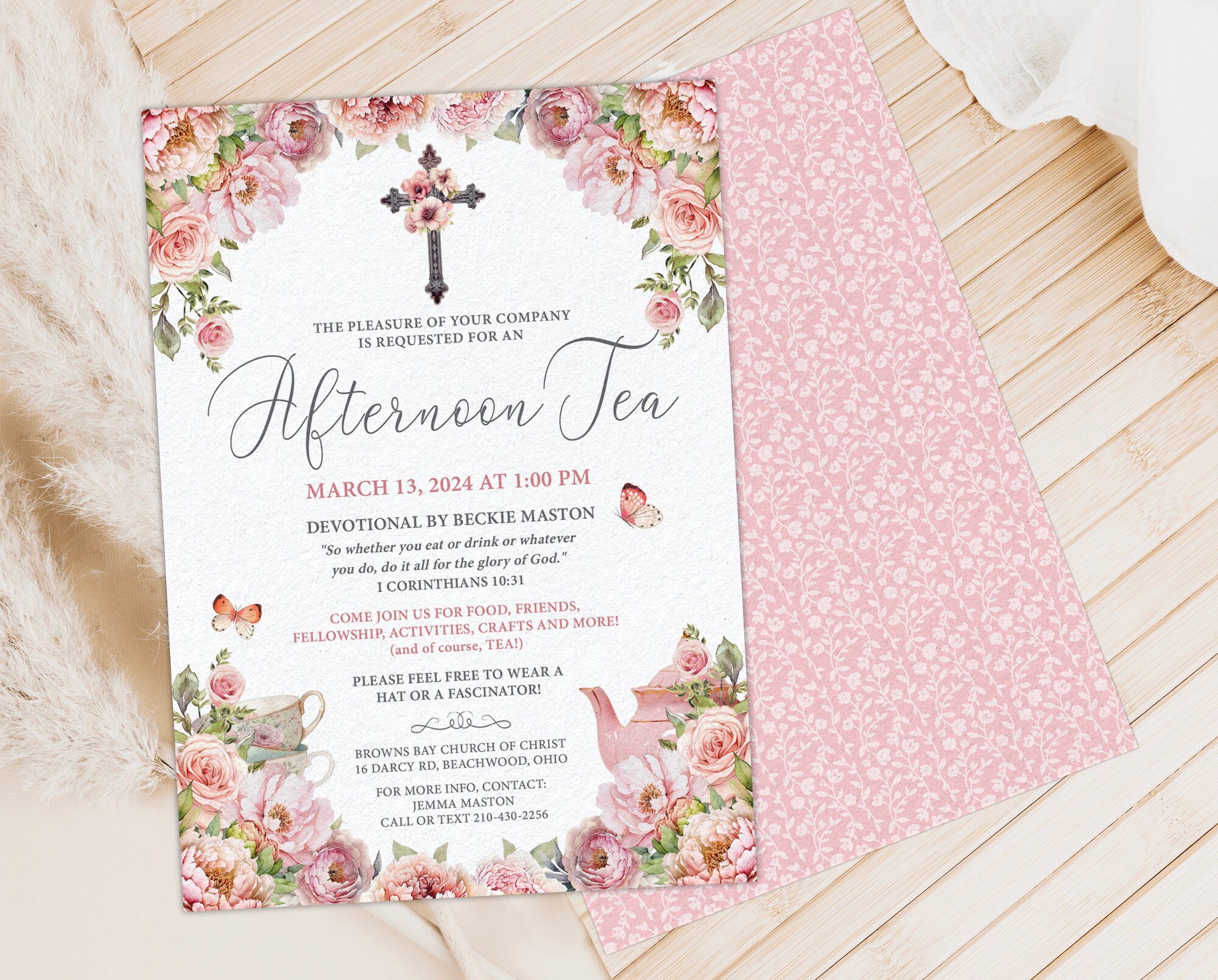 5 X 7 Afternoon Tea Church Event Invite With Blush Pink Flowers