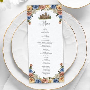 4 x 9 Downton Abbey Inspired Tea Menu, Pink, Blue, Gold Flowers, Highclere Castle Graphic, CORJL EDITABLE DIGITAL Template