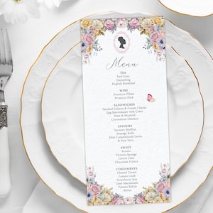 4 x 9 Bridgerton Afro Puff Tea Party Menu with Pastel Flowers, Bridgerton Cameo with Butterfly, Corjl Editable Digital Download
