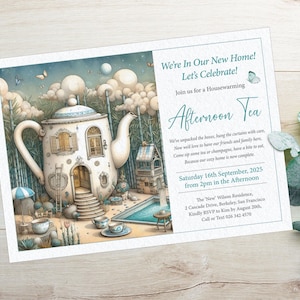 5 x 7 Whimsical Housewarming Afternoon Tea Invitation with Teapot House, Butterfly, Teal & White, CORJL EDITABLE DIGITAL Template