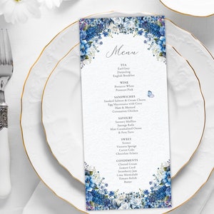 4 x 9 Tea Party Menü Hellblaue Blumen mit Schmetterling, Corjl Bearbeitbarer Digitaler Download