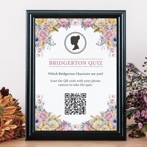 NON MODIFICABridgerton Quiz Quale personaggio sei? Piccolo cartello 5 x 7 con fiori pastello e cameo, file PDF con download digitale istantaneo