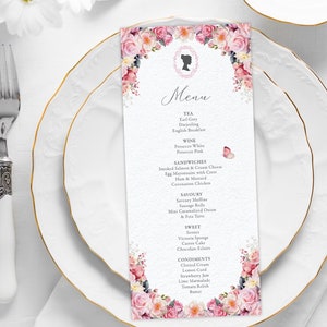 4 x 9 Bridgerton Tea Party Menu with Pink Rose Flowers, Bridgerton Style Cameo with Butterfly, CORJL EDITABLE DIGITAL Template