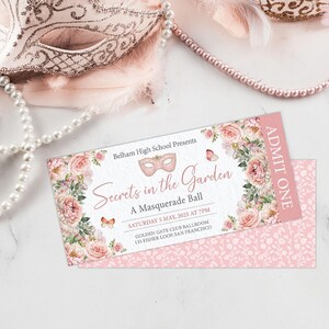5 x 2.25 Prom Event Ticket, Secrets in the Garden - A Masquerade Ball with Blush Pink Flowers, Mask, CORJL EDITABLE DIGITAL Template
