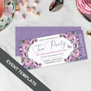 5 x 2.25 Tea Party Event Ticket with Pink and Purple Flowers and Butterfly, Admit One, Pricing, Corjl EDITABLE DIGITAL DOWNLOAD