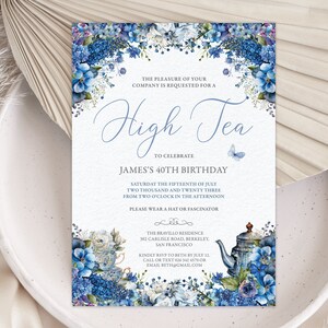 5 x 7 High Tea Birthday Invitation, Bright Blue Floral, Male Birthday with Blue Butterfly, Teacups, Teapot, Corjl Editable Digital Download