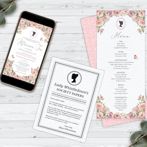 Bundle of 3 Bridgerton Afternoon Tea Blush Pink, Electronic Invite, Menu, Whistledown Birthday Announcement, Corjl Editable DIGITAL DOWNLOAD
