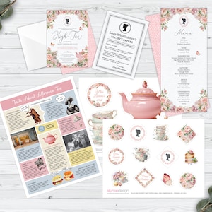 Bundle of 5 High Tea Blush Pink, Cameo, Invite, Menu, Cake Toppers, Whistledown Page, Corjl Editable Files, Afternoon Tea Facts Not Editable