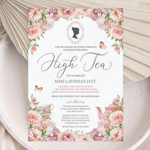 Bridgerton High Tea Invitation, Blush Pink Floral Teapot & Cameo, Editable CORJL Template, Digital Download 5 x 7 Regency Tea Party Invite