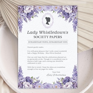 Birthday Lady Whistledown Announcement Society Page, 5 x 7, Lavender Colored Flowers, Bridgerton Cameo, CORJL EDITABLE DIGITAL Template