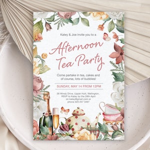 5 x 7 Afternoon Tea Party Invitation with Pretty Floral Border, Teapot, Teacups, Butterfly, Champagne, Corjl Editable Digital Download