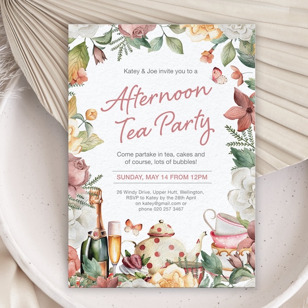 5 x 7 Afternoon Tea Party Invitation with Pretty Floral Border, Teapot, Teacups, Butterfly, Champagne, Corjl Editable Digital Download
