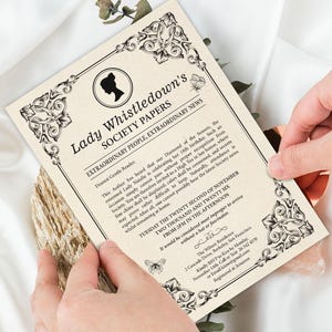May include: A cream-colored invitation card titled Lady Whistledown's Society Papers with black text and ornate corner flourishes. The design features a silhouette profile, butterfly illustrations, and formal event details for a high tea celebration.