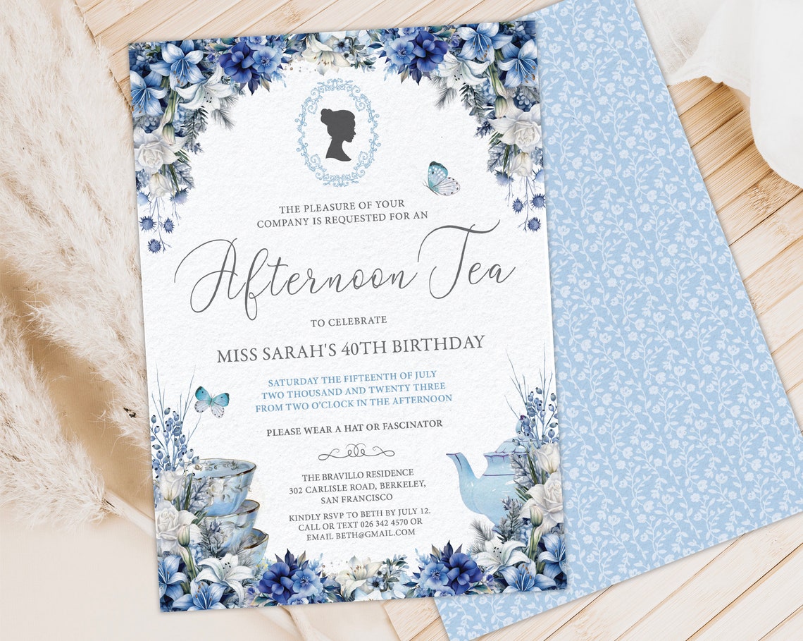 5 X 7 Bridgerton Afternoon Tea Birthday Invitation Blue White Floral ...