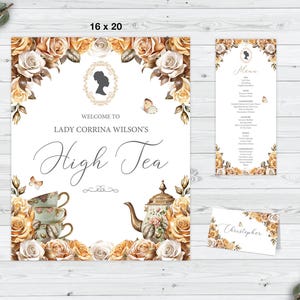 Bundle of 3 Bridgerton High Tea Gold Brown Rose, Afro Puff Cameo, 16 x 20 Sign, Menu, Place Food Tent Card, Corjl EDITABLE DIGITAL DOWNLOAD