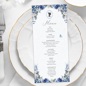 4 x 9 Tea Party Menü Blau Weiße Blumen mit Cameo und Schmetterling, Corjl Bearbeitbarer Digitaler Download