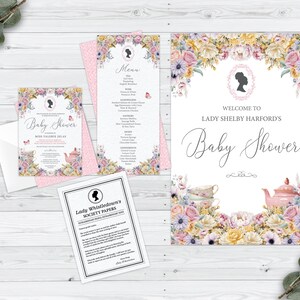 Bundle of 4 Baby Shower Afro Puff Bridgerton Style Cameo Pastel, Invite, Menu, Society Paper, Welcome Sign, CORJL EDITABLE DIGITAL Template