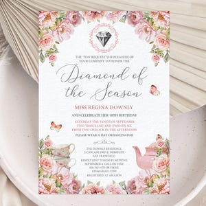 Diamond of the Season Birthday Invitation, Cameo, Blush Pink Flowers (5x7 CORJL Editable Template)