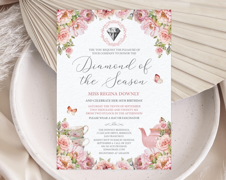 Diamond of the Season Birthday Invitation, Cameo, Blush Pink Flowers (5x7 CORJL Editable Template)