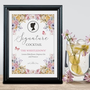 5 x 7 The Whistledown Signature Cocktail Sign with Pastel Colored Flowers, Cameo, Butterflies, CORJL EDITABLE DIGITAL Template